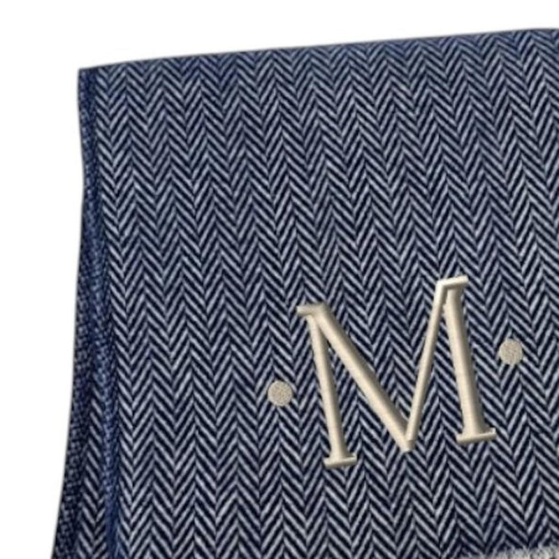 55" X 70" Navy Blue And White Herringbone Cotton Blend J Throw Blanket with Tassels And Embroidery