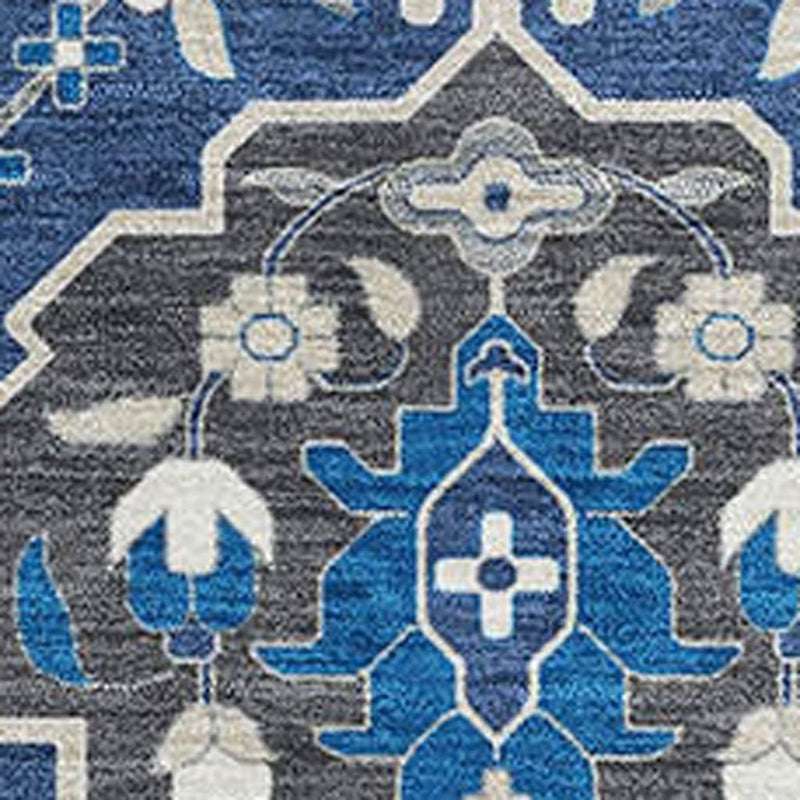 10' X 14' Navy Blue Ivory And Charcoal Damask Washable Area Rug With UV Protection
