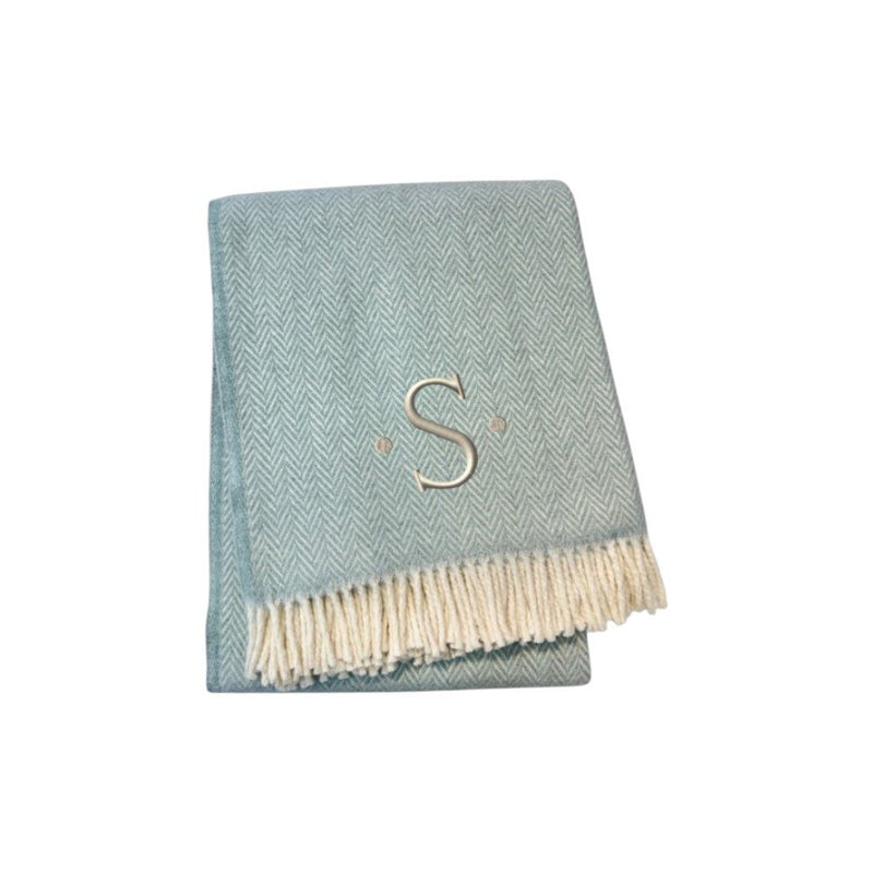 55" X 70" Sky Blue And White Herringbone Cotton Blend C Initial Throw Blanket with Tassels And Embroidery