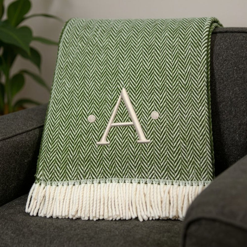 55" X 70" Moss Green And White Herringbone Cotton Blend S Initial Throw Blanket with Tassels And Embroidery