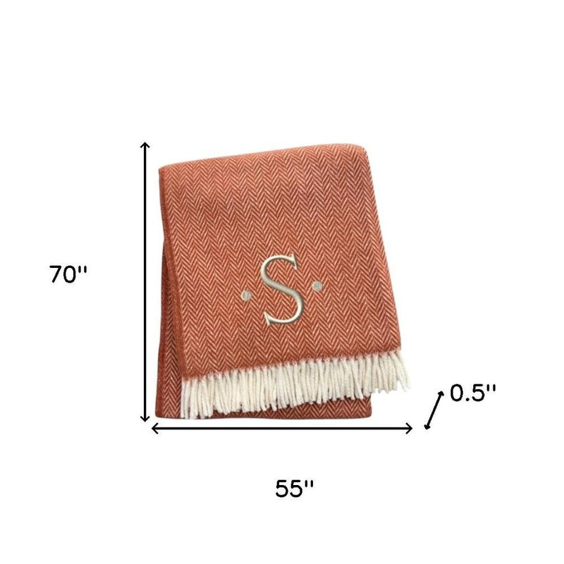 55" X 70" Terra Cotta And White Herringbone Cotton Blend S Initial Throw Blanket with Tassels And Embroidery