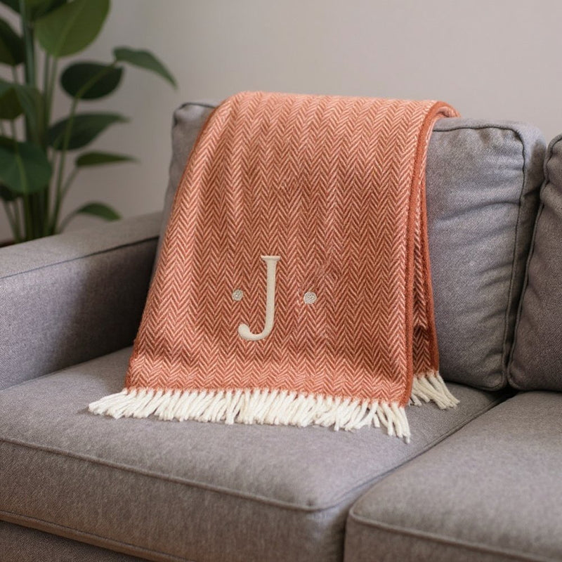 55" X 70" Terra Cotta And White Herringbone Cotton Blend S Initial Throw Blanket with Tassels And Embroidery