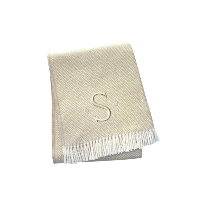 55" X 70" Linen And White Herringbone Cotton Blend S Initial Throw Blanket with Tassels And Embroidery