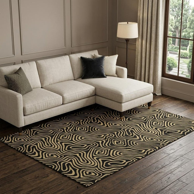 10' X 14' Black And Gold Abstract Washable Area Rug With UV Protection
