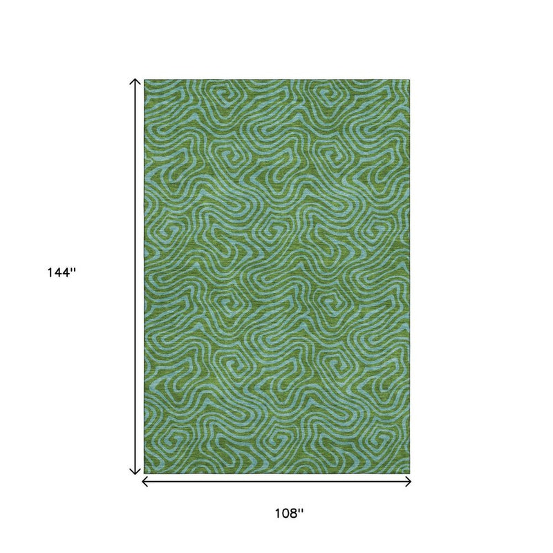 9' X 12' Green And Sky Blue Abstract Washable Area Rug With UV Protection