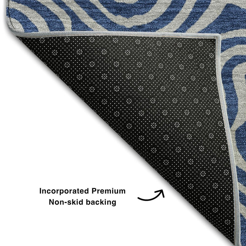 8' X 10' Navy Blue And White Abstract Washable Area Rug With UV Protection
