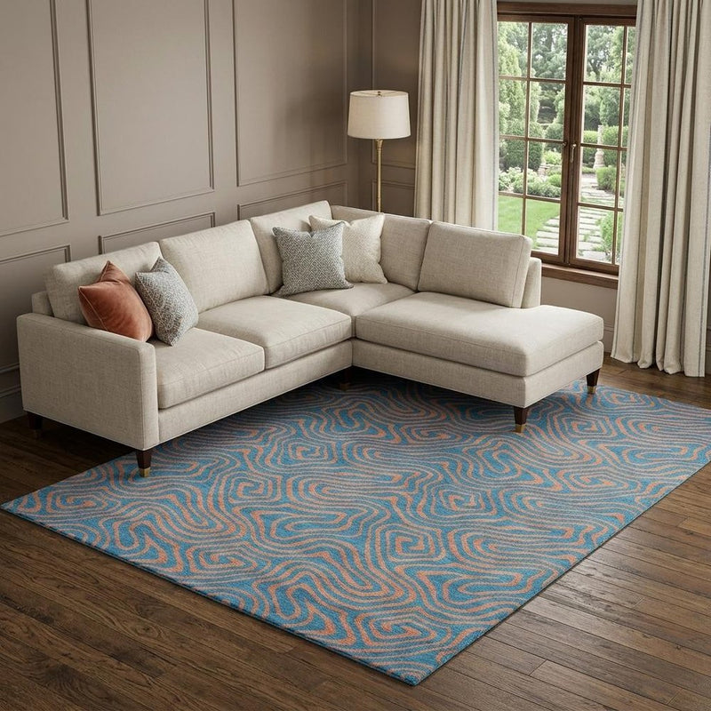 8' X 10' Teal And Peach Abstract Washable Area Rug With UV Protection