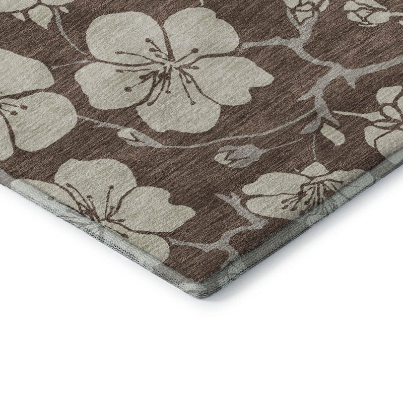 8' X 10' Brown And Beige Floral Washable Area Rug With UV Protection
