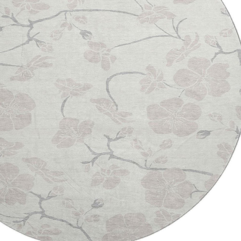 8' Ivory And Beige Floral Washable Round Rug With UV Protection