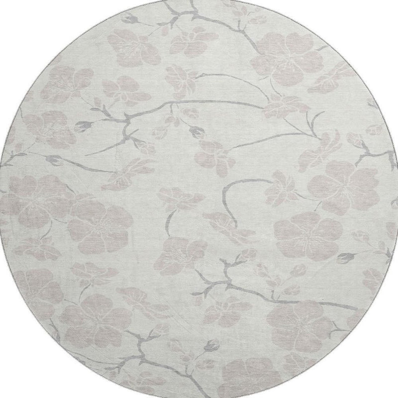 8' Ivory And Beige Floral Washable Round Rug With UV Protection