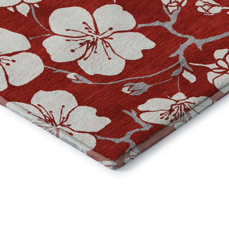 8' Red And Ivory Floral Washable Round Rug With UV Protection