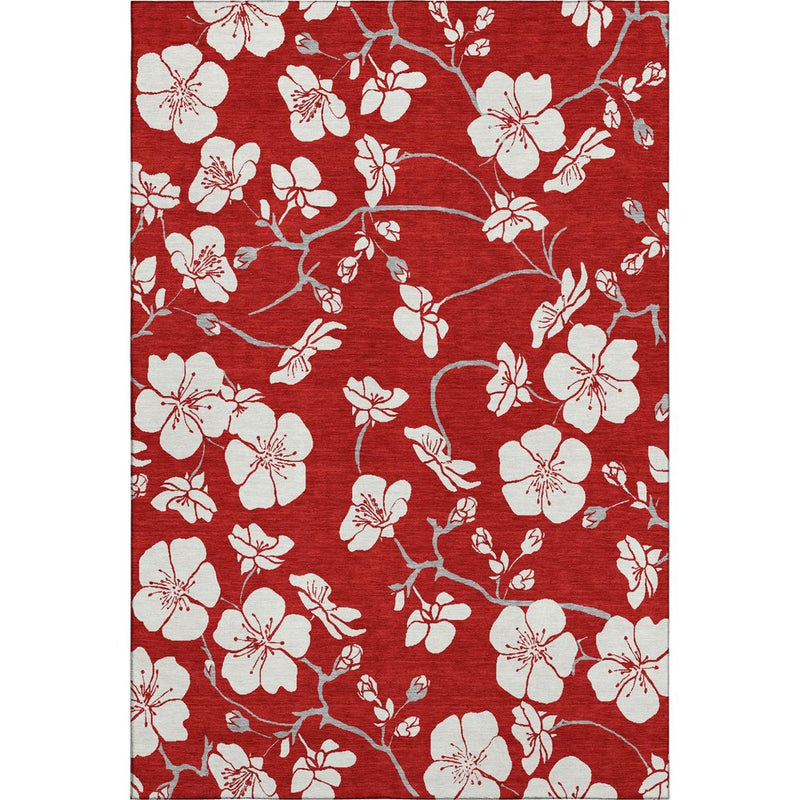 8' X 10' Red And Ivory Floral Washable Area Rug With UV Protection