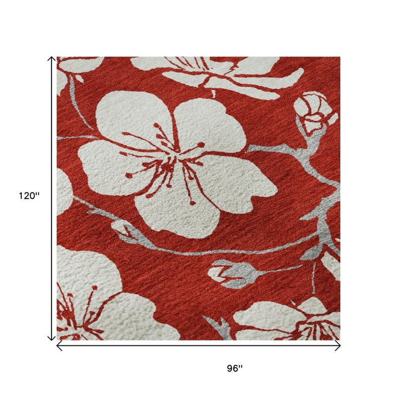 8' X 10' Red And Ivory Floral Washable Area Rug With UV Protection