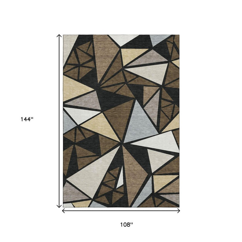 9' X 12' Brown Black And Ivory Geometric Washable Area Rug With UV Protection