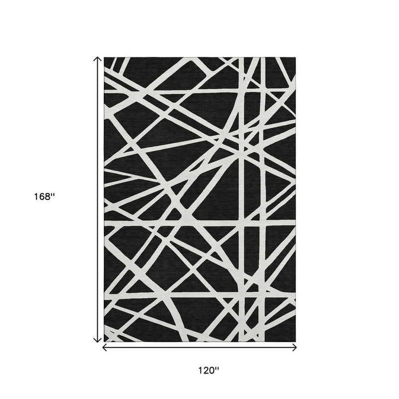 10' X 14' Black And Ivory Geometric Washable Area Rug With UV Protection