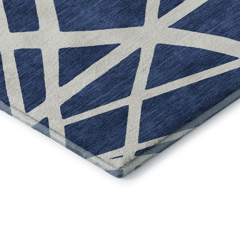 9' X 12' Navy Blue And Ivory Geometric Washable Area Rug With UV Protection
