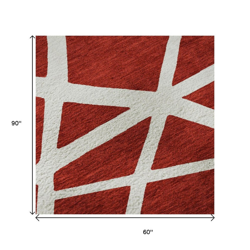 5' X 8' Red And Ivory Geometric Washable Area Rug With UV Protection