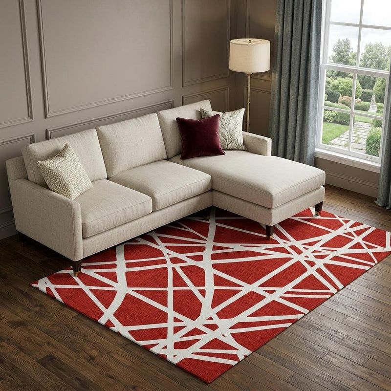 9' X 12' Red And Ivory Geometric Washable Area Rug With UV Protection