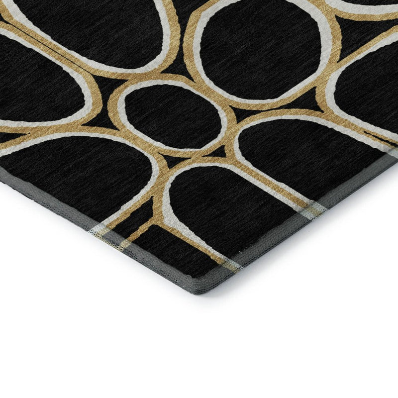 9' X 12' Black Ivory And Gold Geometric Washable Area Rug With UV Protection