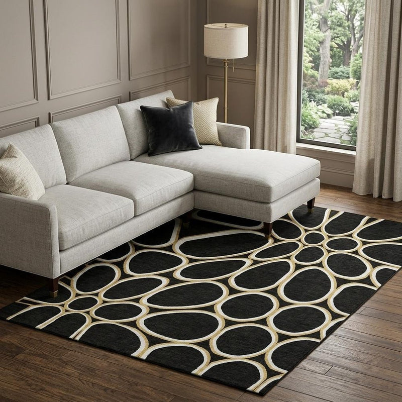 9' X 12' Black Ivory And Gold Geometric Washable Area Rug With UV Protection