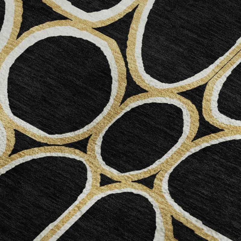 9' X 12' Black Ivory And Gold Geometric Washable Area Rug With UV Protection
