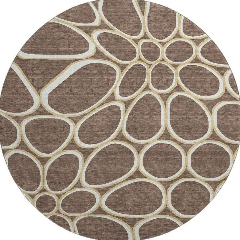 8' Brown Ivory And Gold Geometric Washable Round Rug With UV Protection