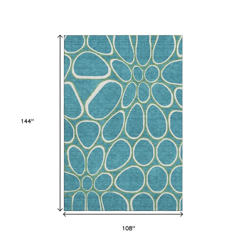 9' X 12' Teal Ivory And Green Geometric Washable Area Rug With UV Protection