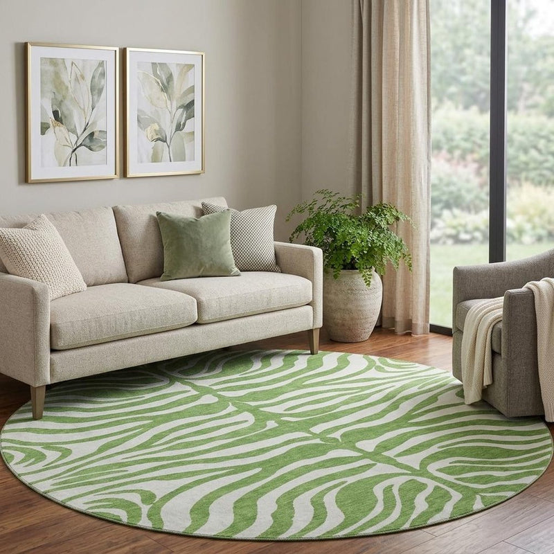 8' Green And Ivory Animal Print Washable Round Rug With UV Protection