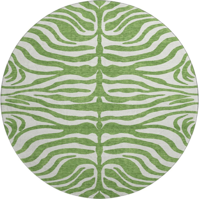 8' Green And Ivory Animal Print Washable Round Rug With UV Protection