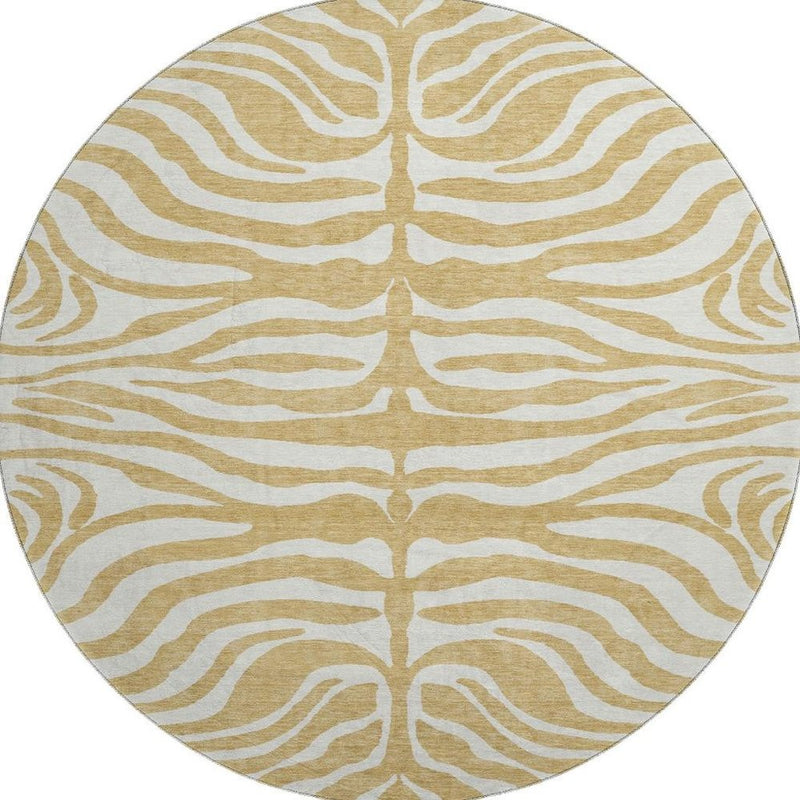 8' Gold And Ivory Animal Print Washable Round Rug With UV Protection