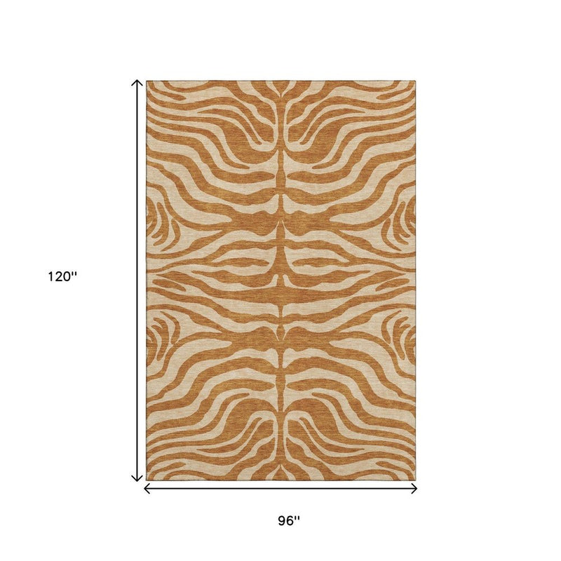 8' X 10' Rust And Beige Animal Print Washable Area Rug With UV Protection
