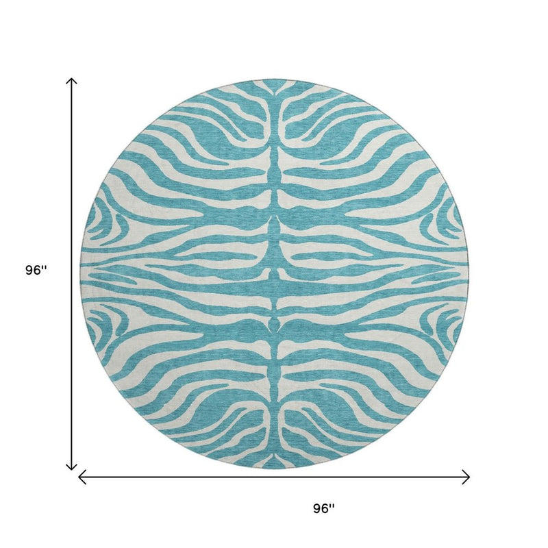 8' Teal And Ivory Animal Print Washable Round Rug With UV Protection