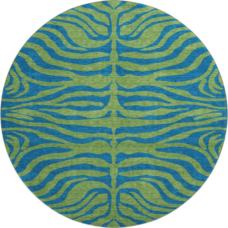 8' Green And Navy Blue Animal Print Washable Round Rug With UV Protection