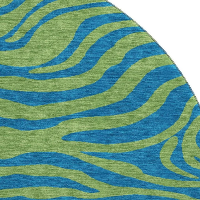 8' Green And Navy Blue Animal Print Washable Round Rug With UV Protection