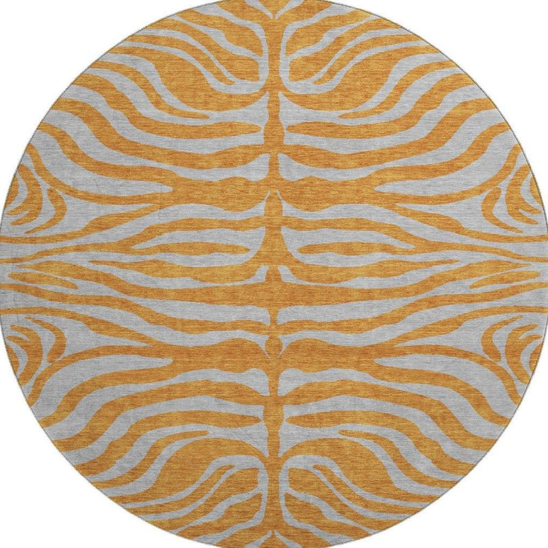 8' Orange And Gray Animal Print Washable Round Rug With UV Protection