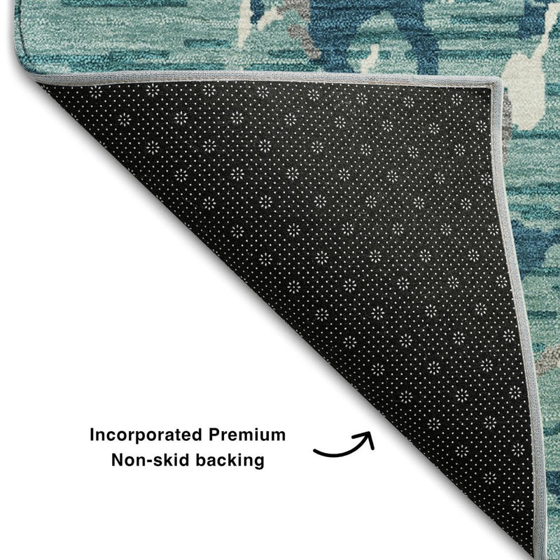 9' X 12' Teal Ivory And Gray Striped Washable Area Rug With UV Protection