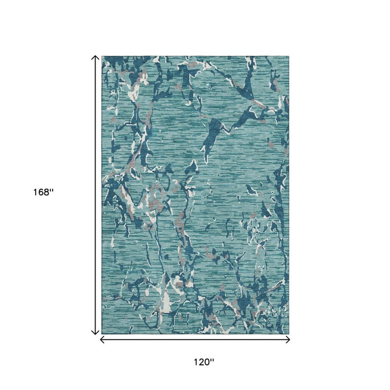 10' X 14' Teal Ivory And Gray Striped Washable Area Rug With UV Protection