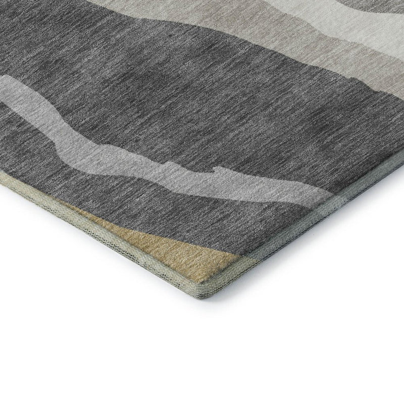 8' Black Gold And Ivory Abstract Washable Round Rug With UV Protection