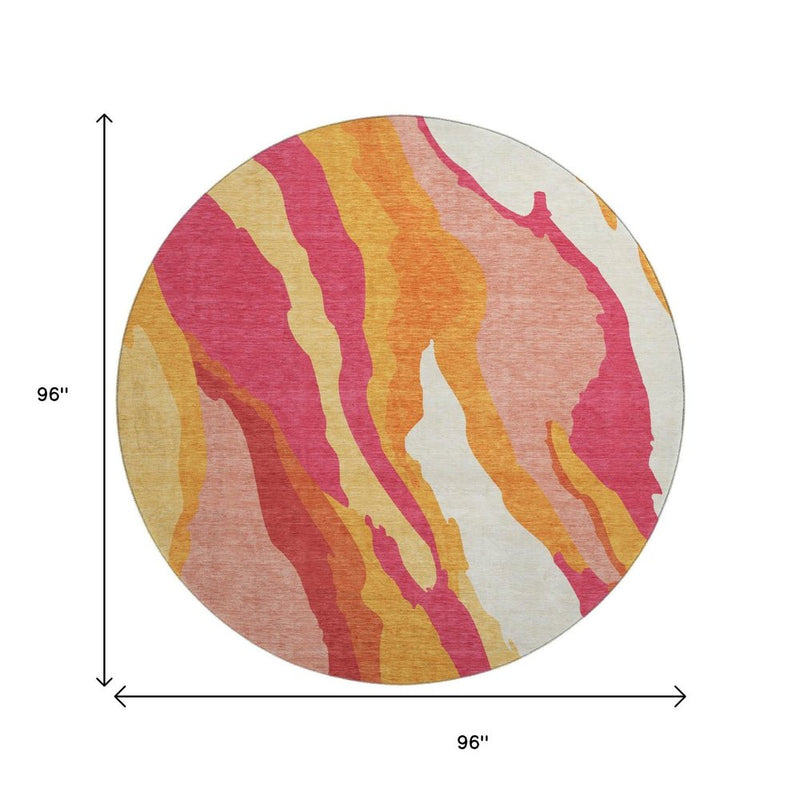 8' Blush Orange And Wheat Abstract Washable Round Rug With UV Protection