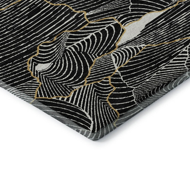 8' X 10' Black Ivory And Gold Abstract Washable Area Rug With UV Protection