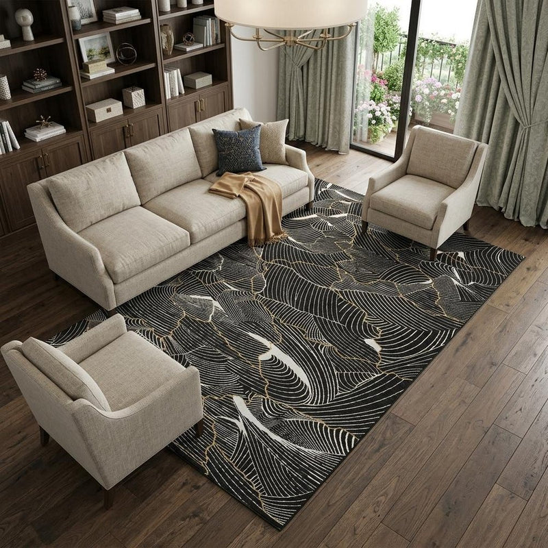 8' X 10' Black Ivory And Gold Abstract Washable Area Rug With UV Protection