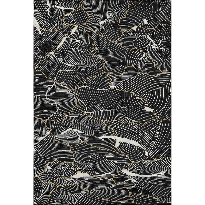 9' X 12' Black Ivory And Gold Abstract Washable Area Rug With UV Protection