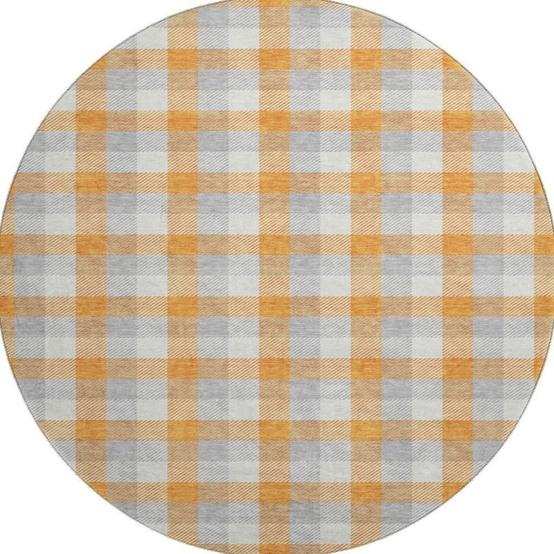 8' Orange Ivory And Gray Plaid Washable Round Rug With UV Protection