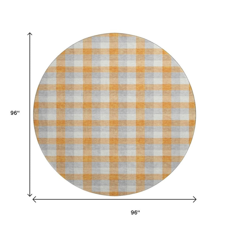 8' Orange Ivory And Gray Plaid Washable Round Rug With UV Protection