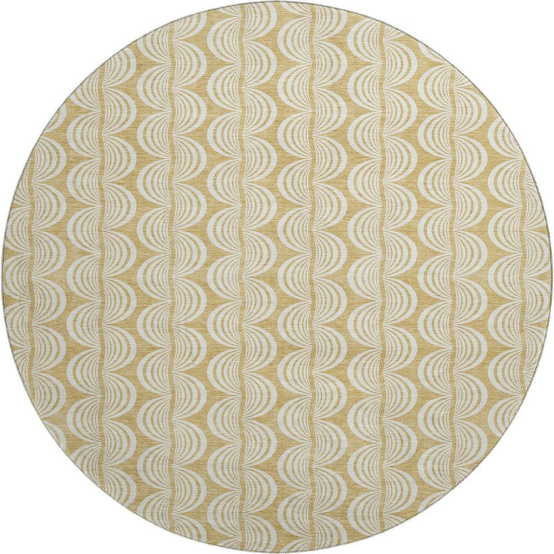 8' Gold And Ivory Ogee Washable Round Rug With UV Protection