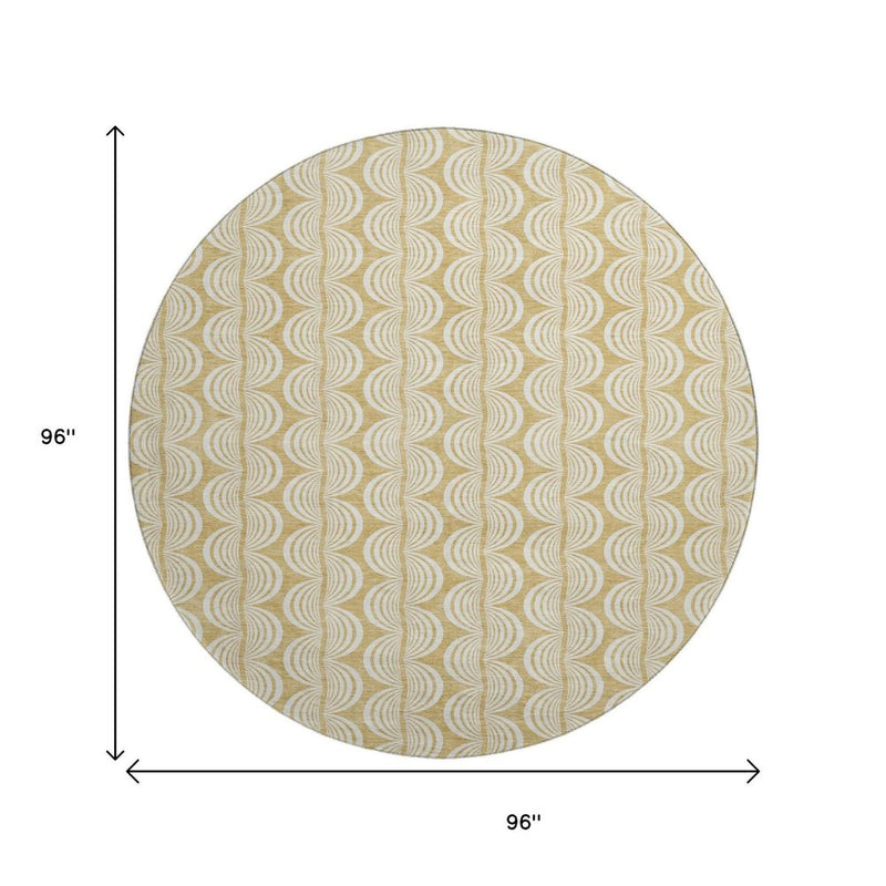 8' Gold And Ivory Ogee Washable Round Rug With UV Protection