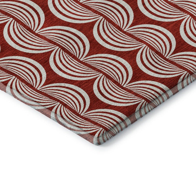 8' Red And Ivory Ogee Washable Round Rug With UV Protection