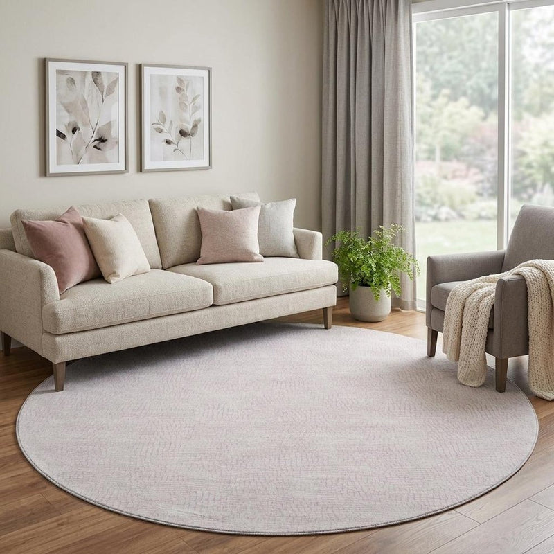 8' Pink And Ivory Geometric Washable Round Rug With UV Protection