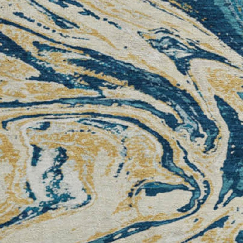 8' Navy Blue Gold And White Abstract Washable Round Rug With UV Protection