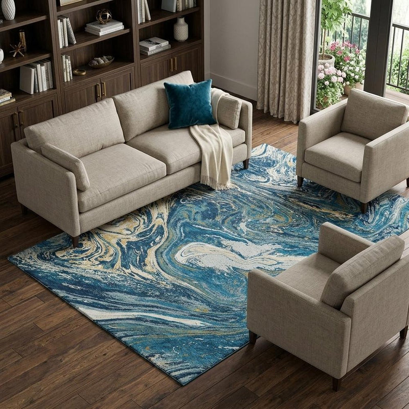 10' X 14' Navy Blue Gold And White Abstract Washable Area Rug With UV Protection